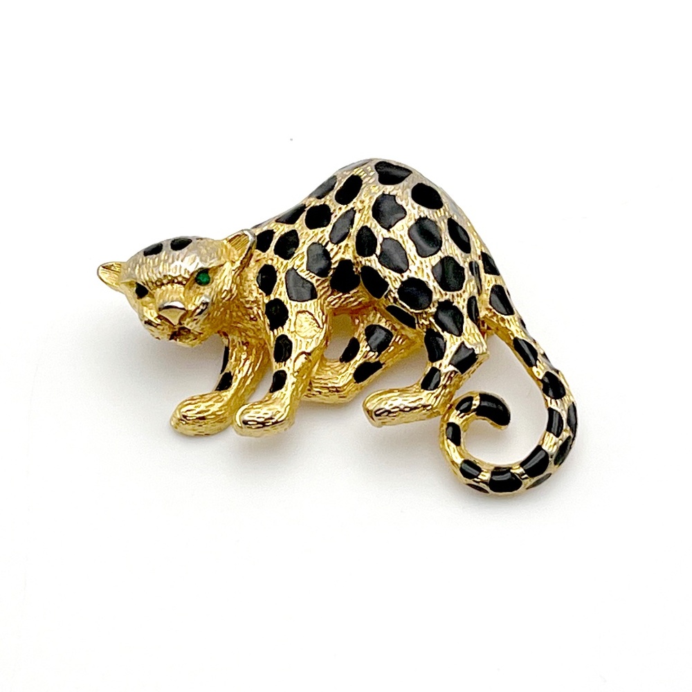 Leopard Brooch with Green Crystal Eyes